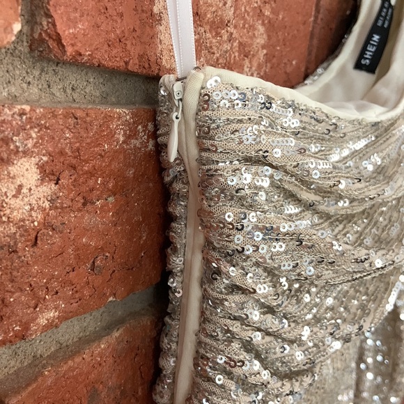 SALE! Champagne Sequin One Shoulder Fitted Midi Gown Formal Dress - Picture 4 of 6